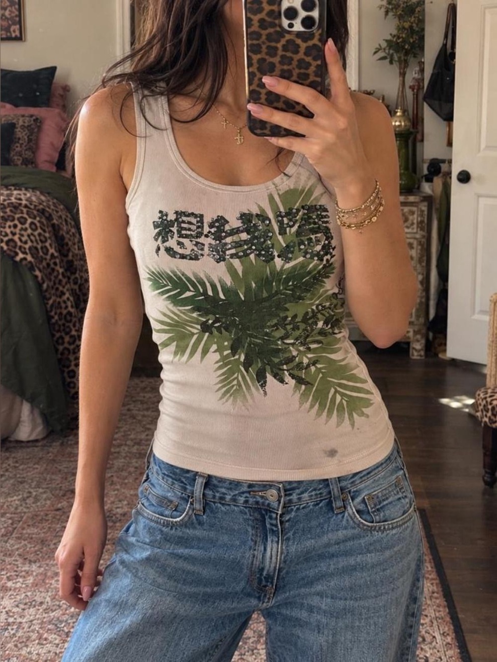 Miss Me Y2K Rhinestone Tropical Graphic Ribbed Tank Top Medium